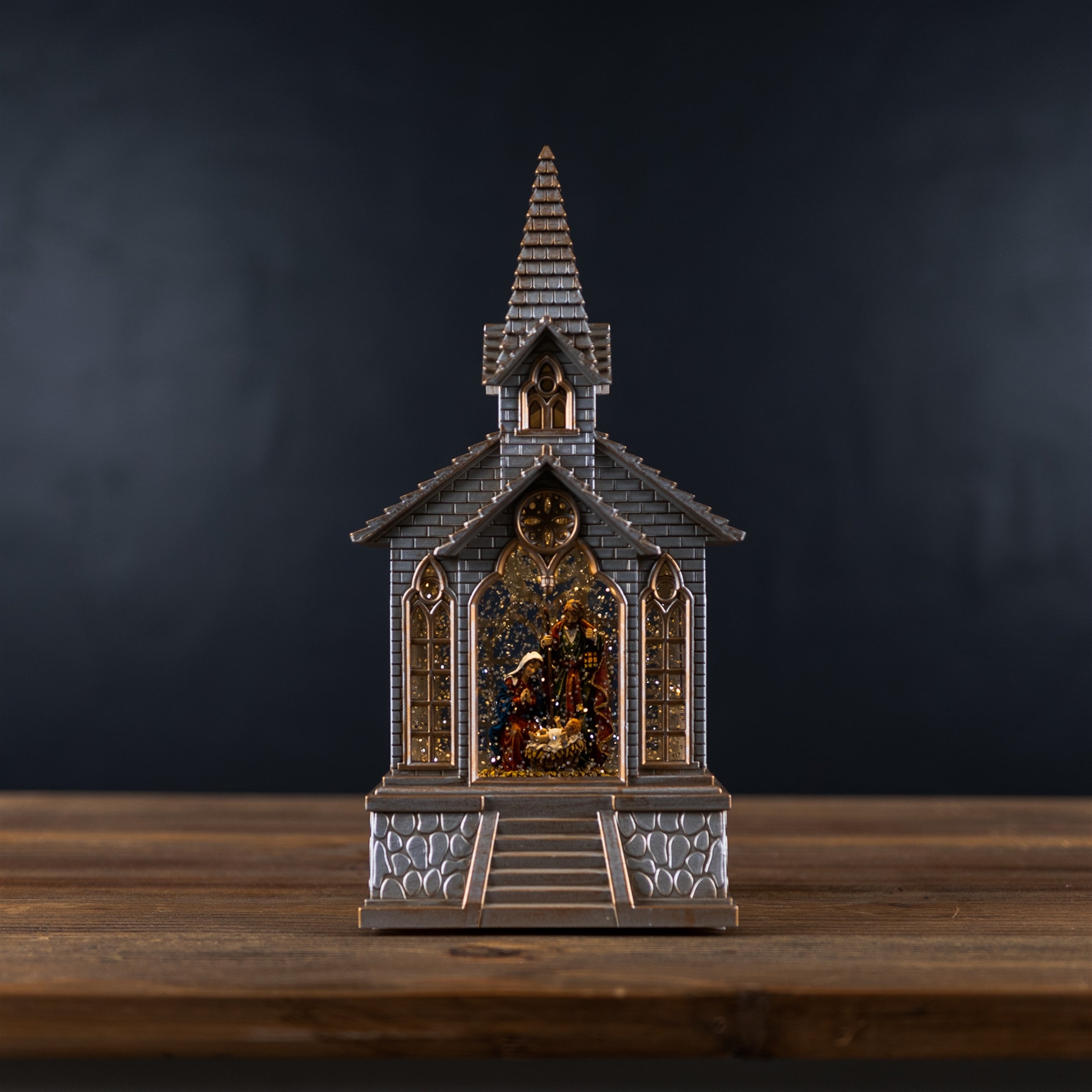 Snow Globe Church & Holy Family 11.25"H Plastic 6 Hr Timer 3AA Batteries Not Included or USB Cord Included