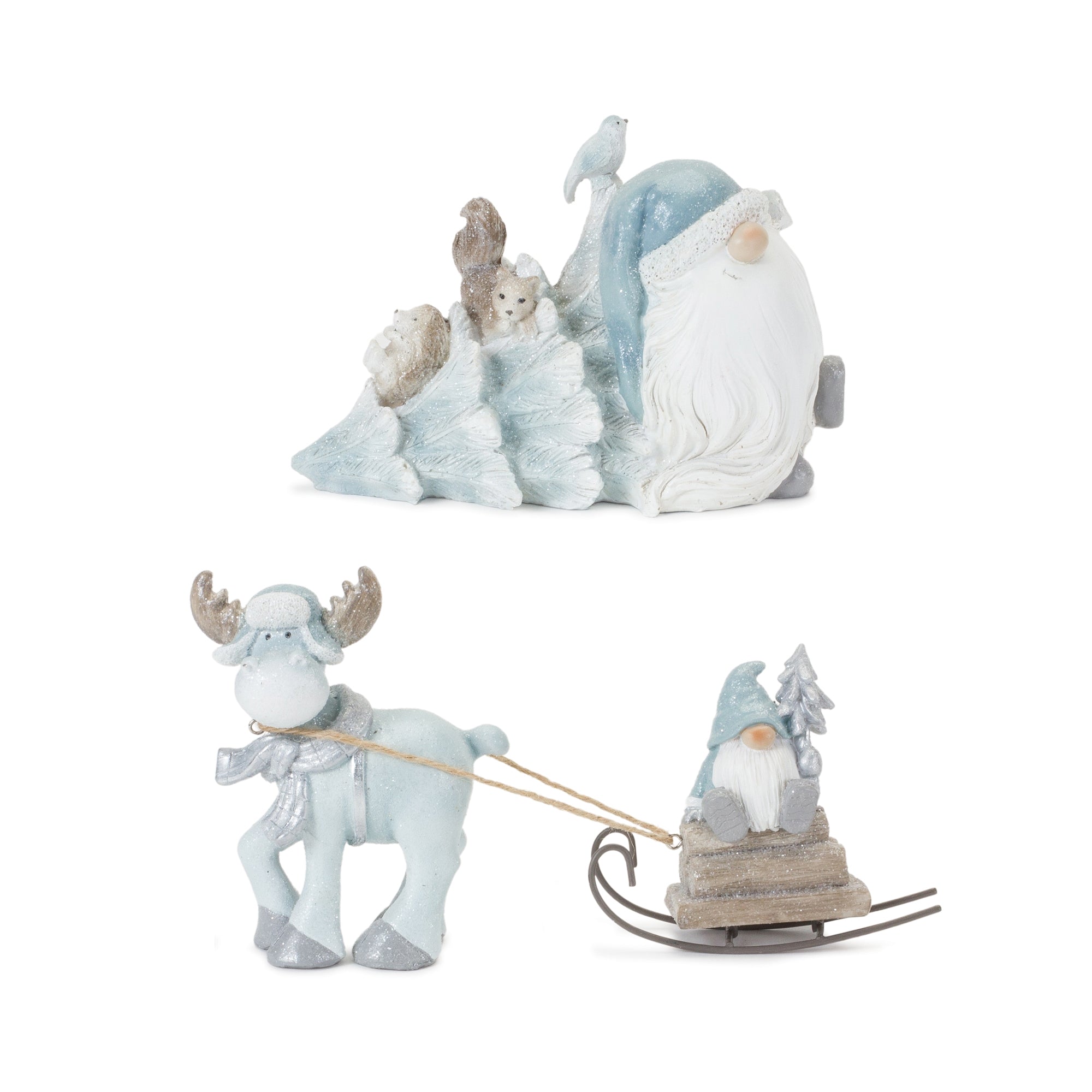 Gnome w/Tree and Reindeer (Set of 2) 4.75"H, 5"H Resin