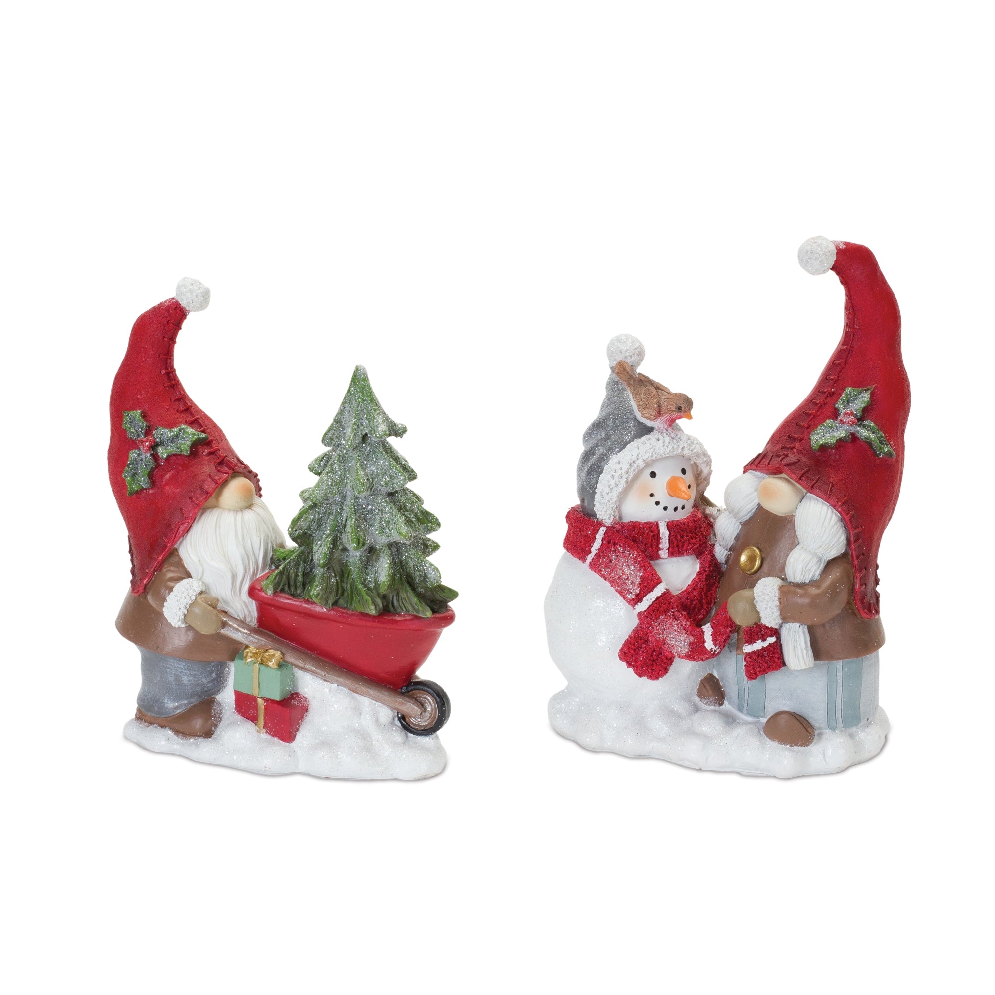 Gnome w/Wheelbarrow and Gnome w/Snowman (Set of 2) 7"H, 8"H Resin