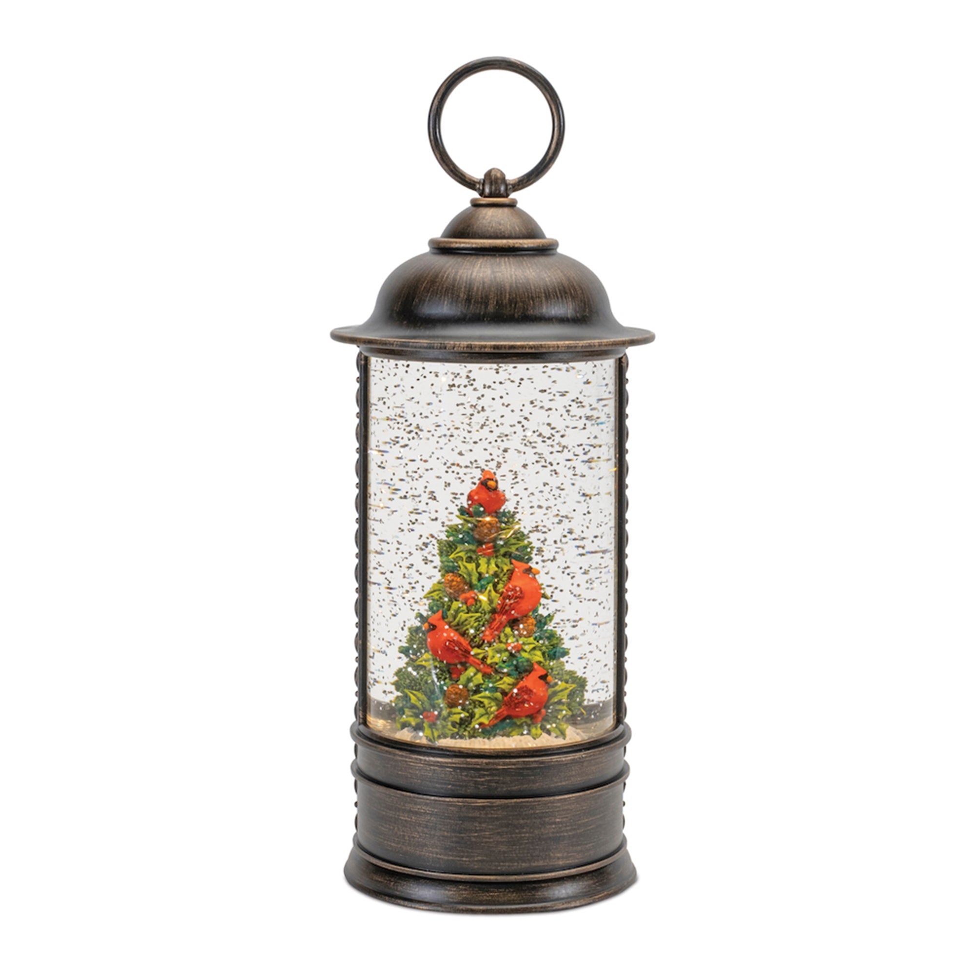 LED Snow Globe Lantern with Cardinal Holly Tree 9.75"H