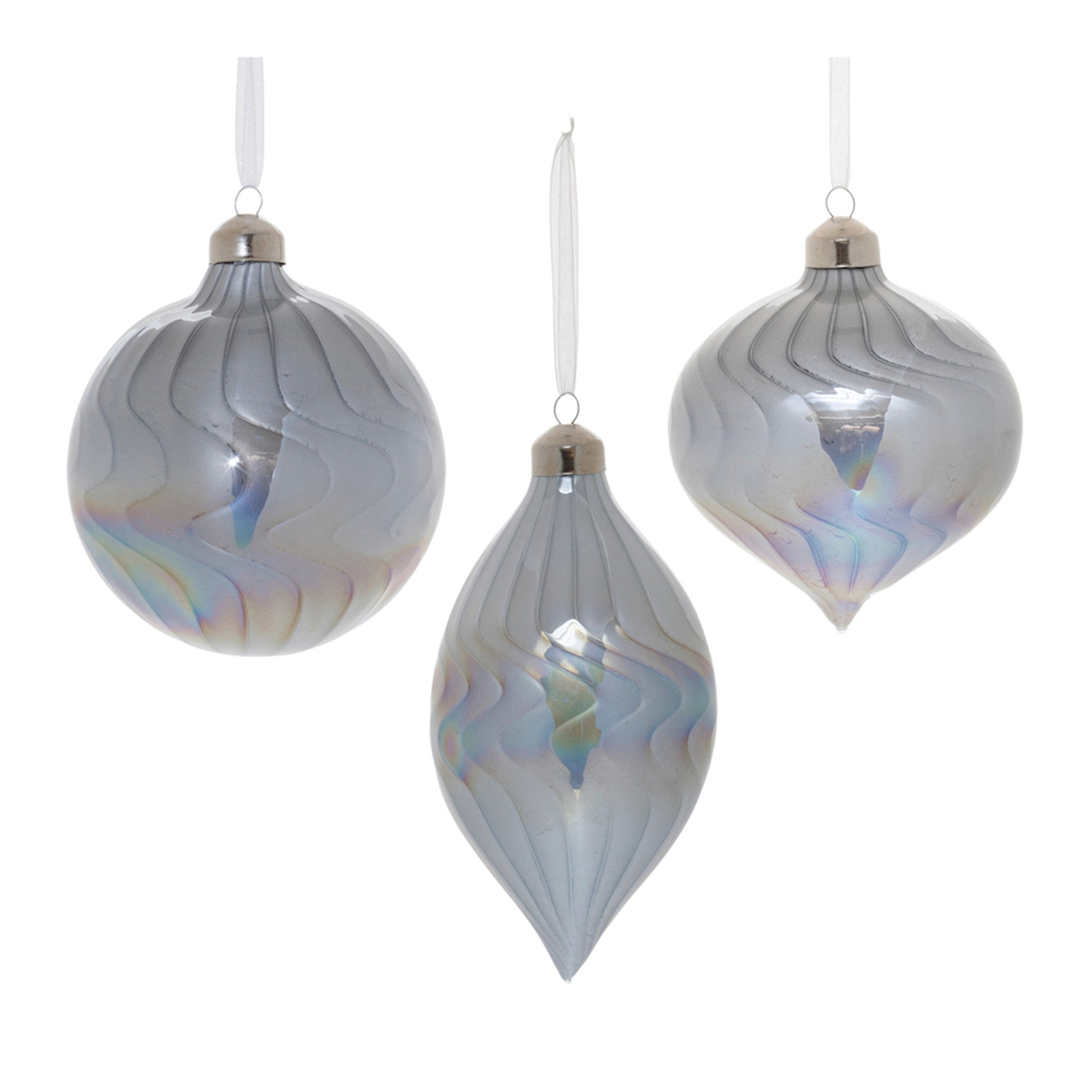 Wavy Iridescent Grey Glass Ornament (Set of 6)