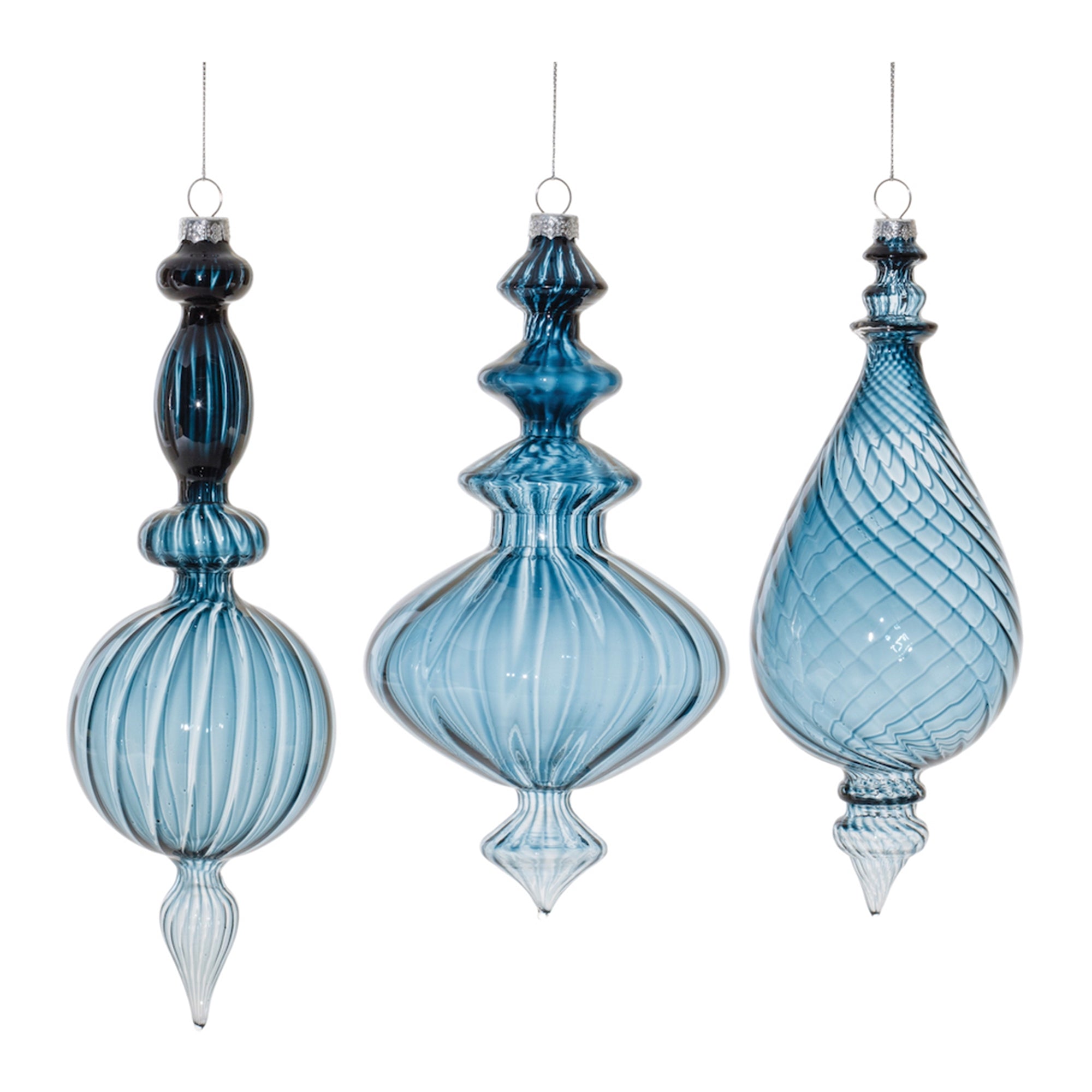 Blue Ribbed Glass Finial Drop Ornament (Set of 6)