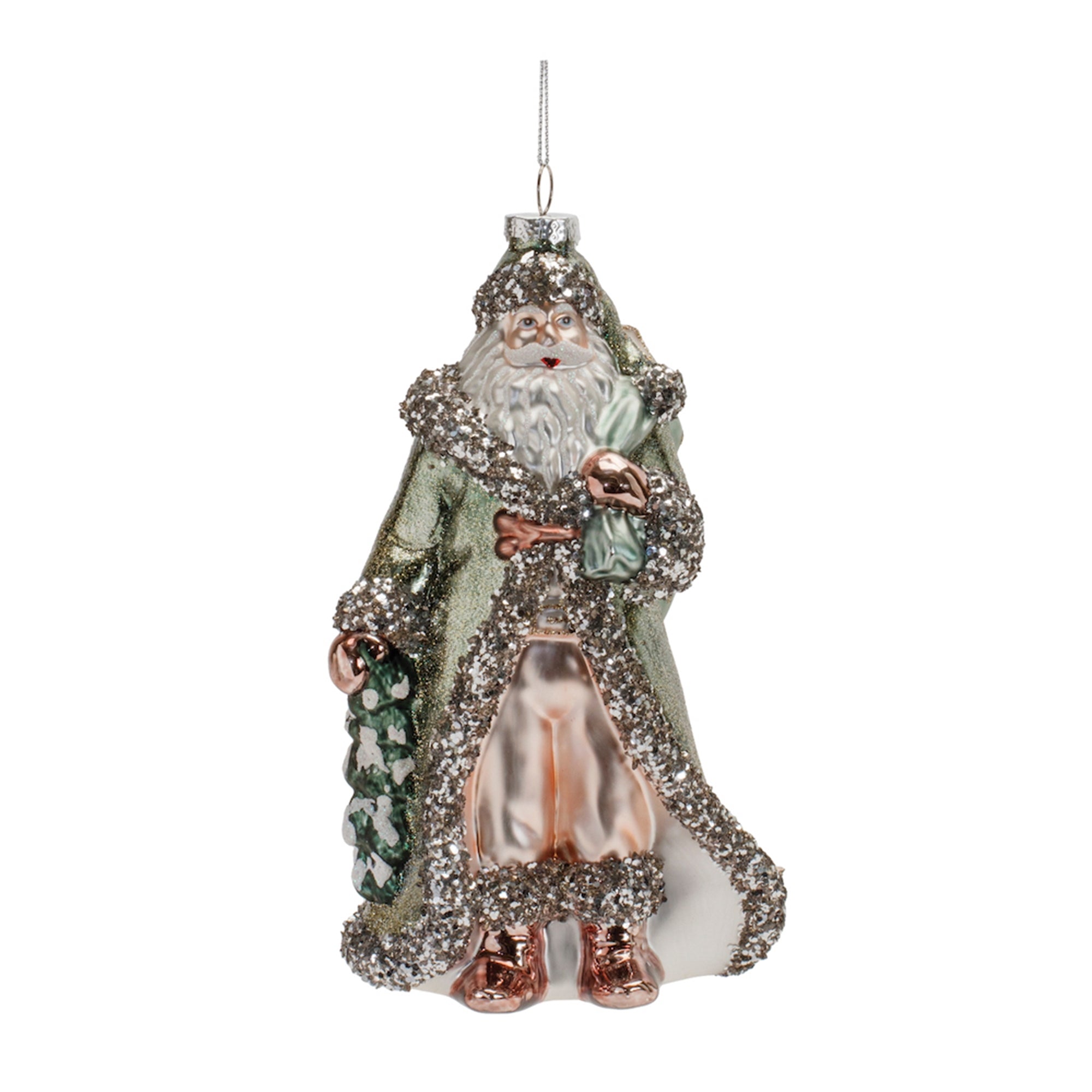 Glittered Green Glass Santa Ornament (Set of 6)