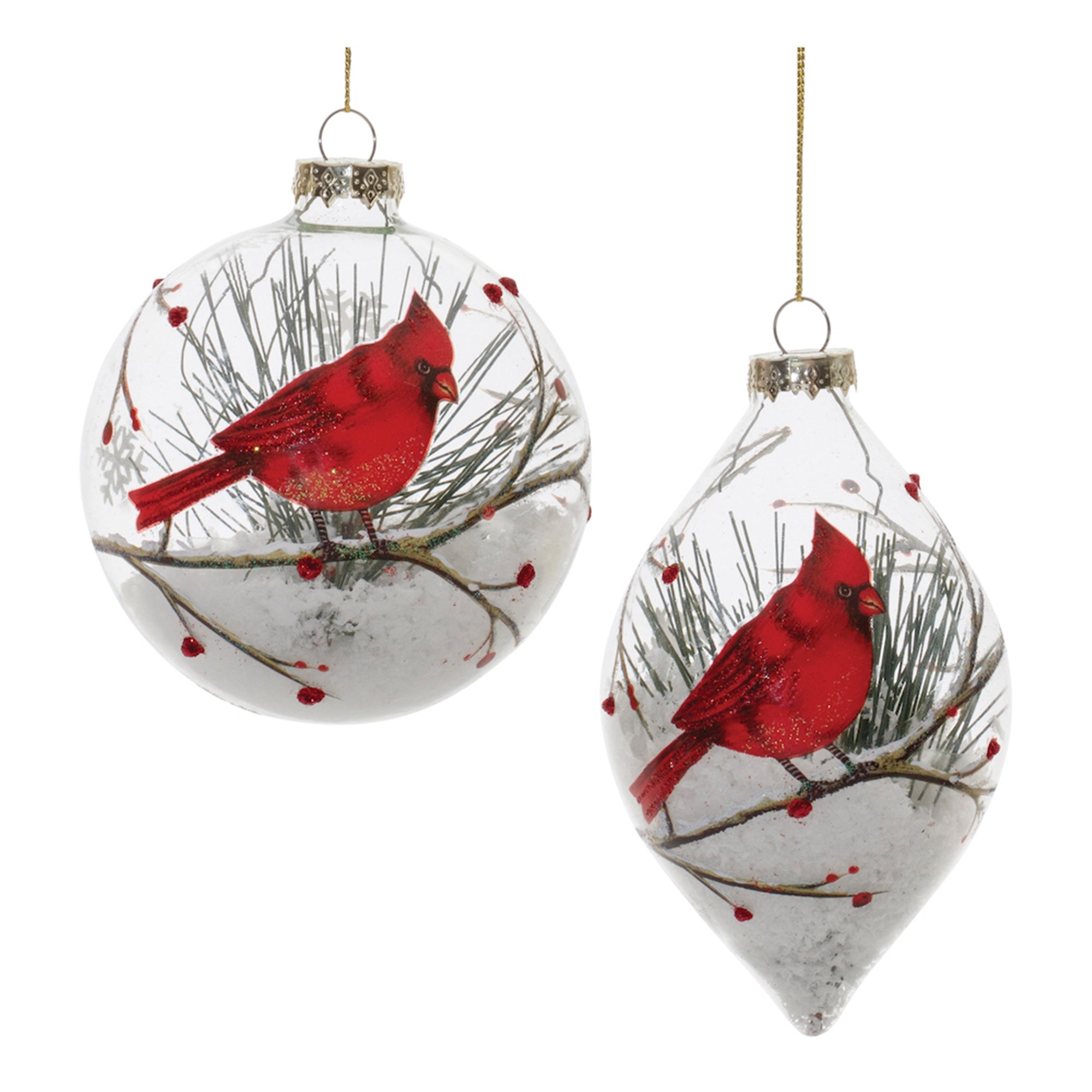 Glittered Glass Cardinal Ornament with Snow and Pine Filler (Set of 6)