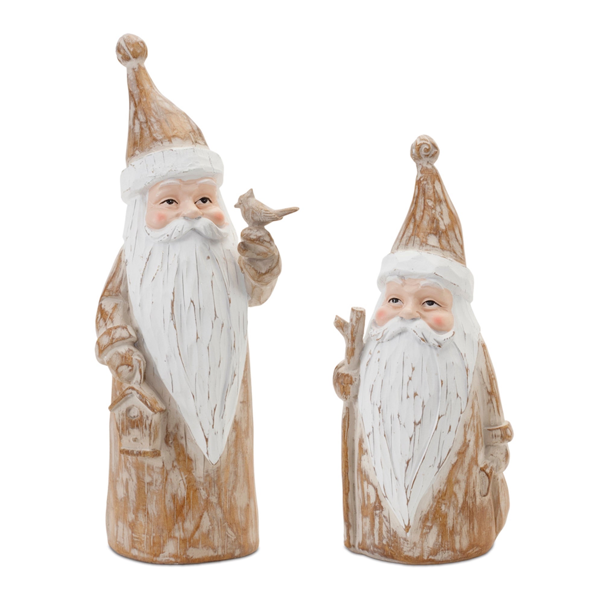 Carved Woodland Santa with Bird Figurine (Set of 2)