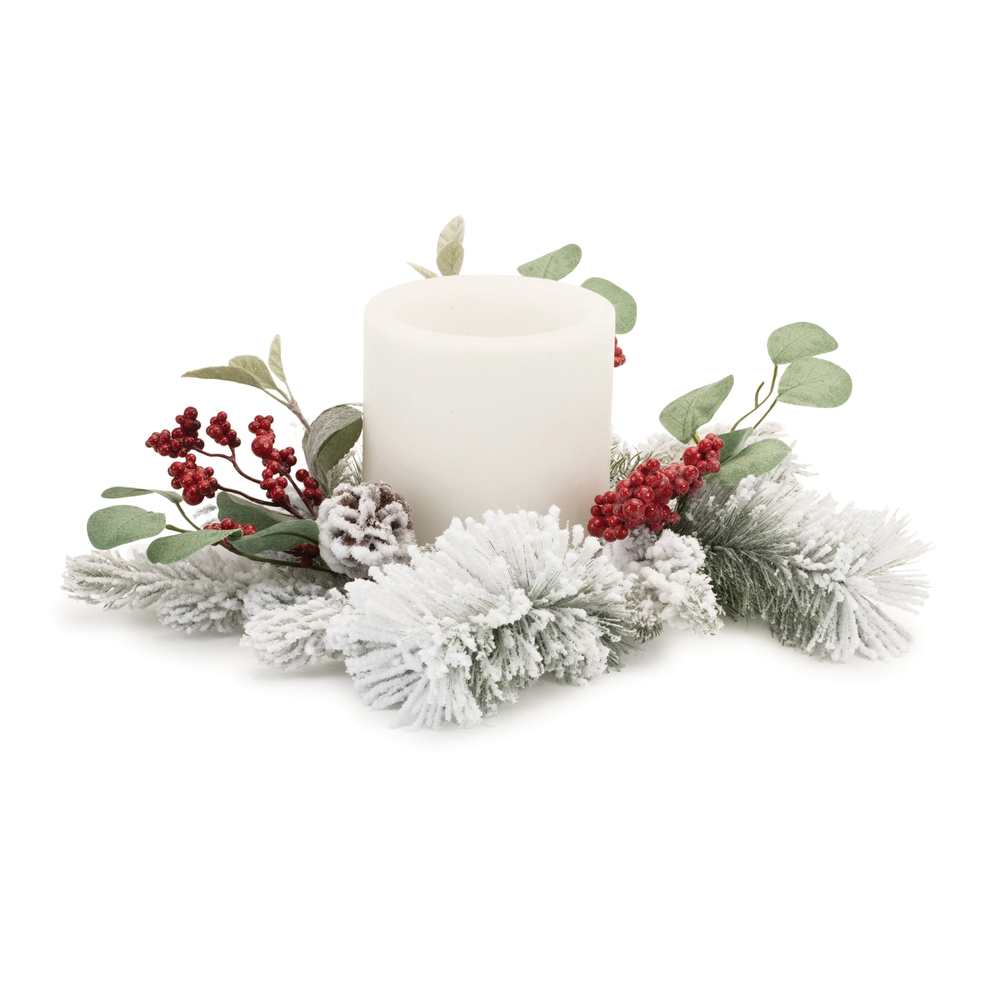 Flocked Mixed Pine Eucalyptus Berry Candle Ring 16"D