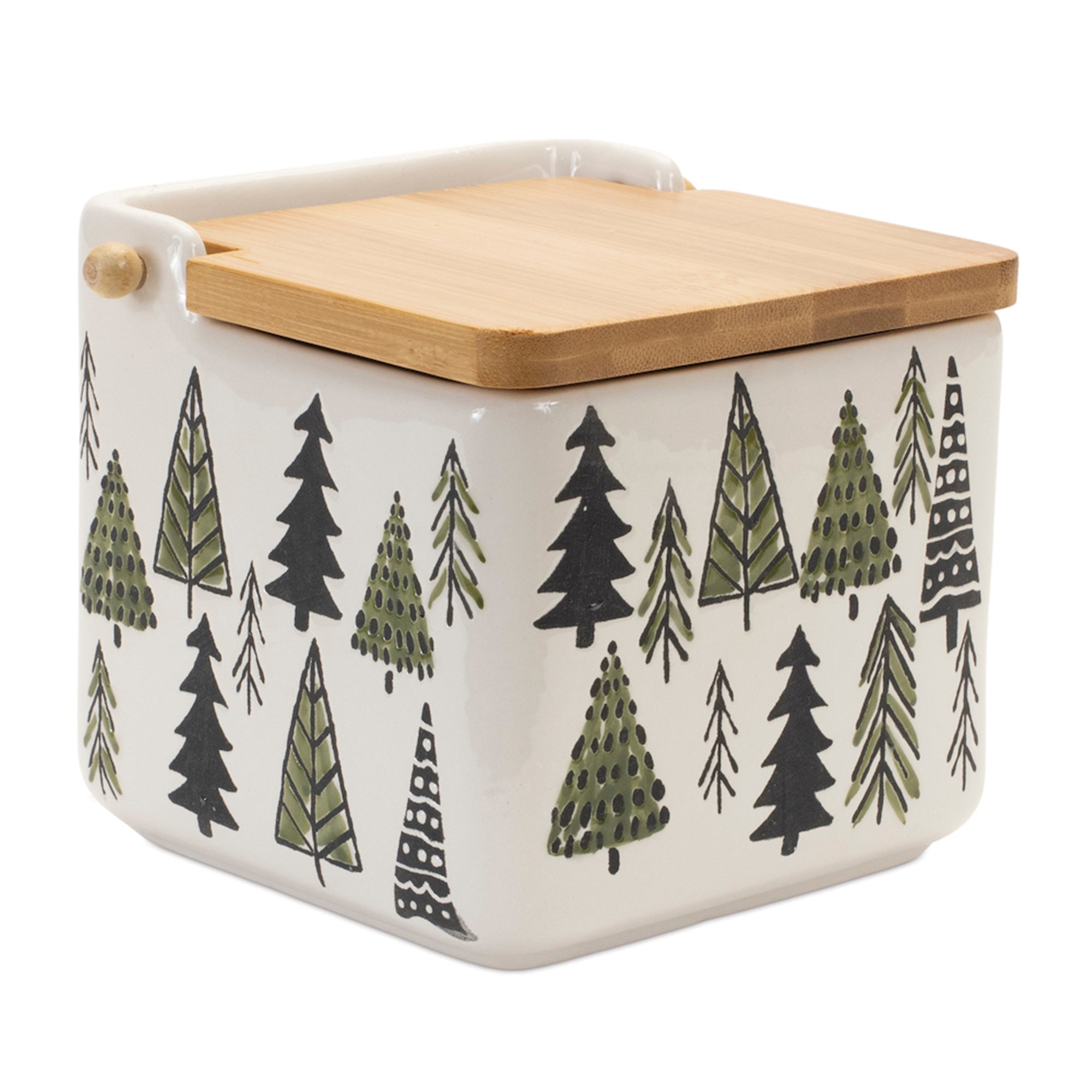 Ceramic Pine Tree Canister with Wood Lid 5.25"L