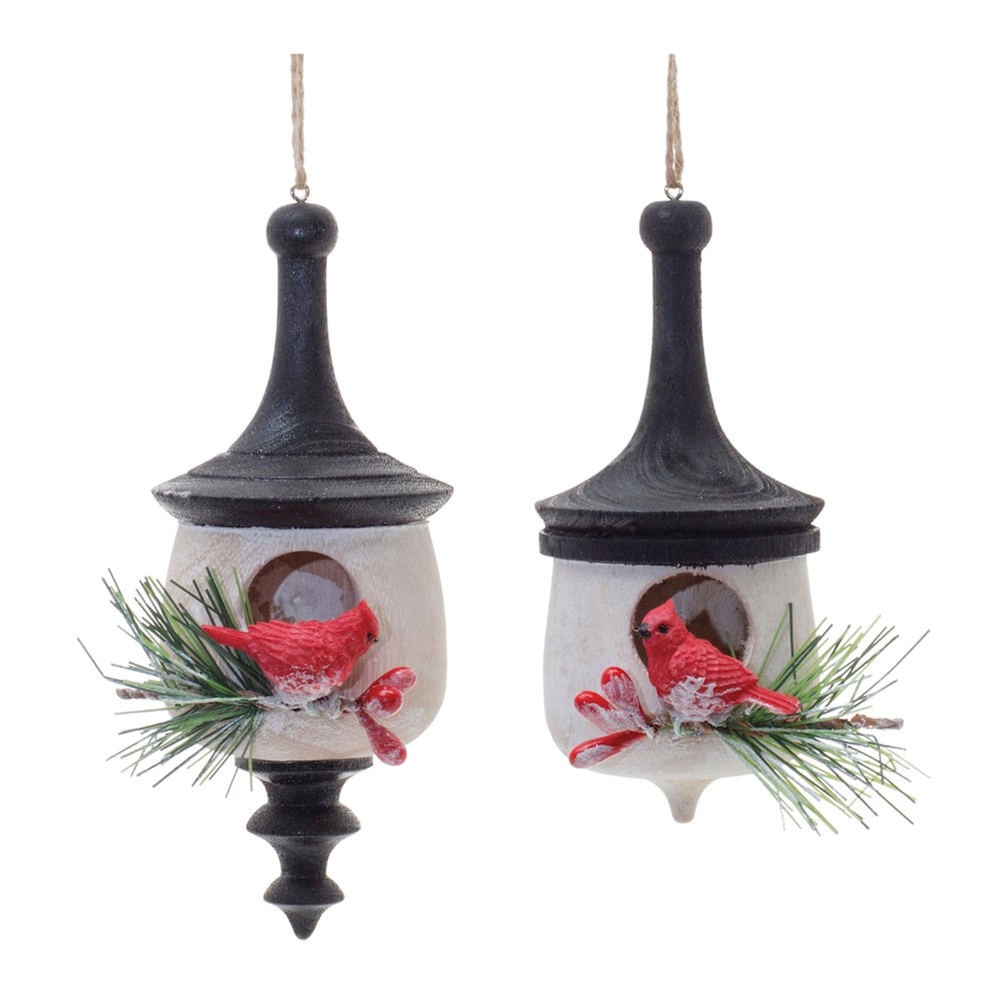 Wood Finial Birdhouse with Cardinal Ornament (Set of 6)