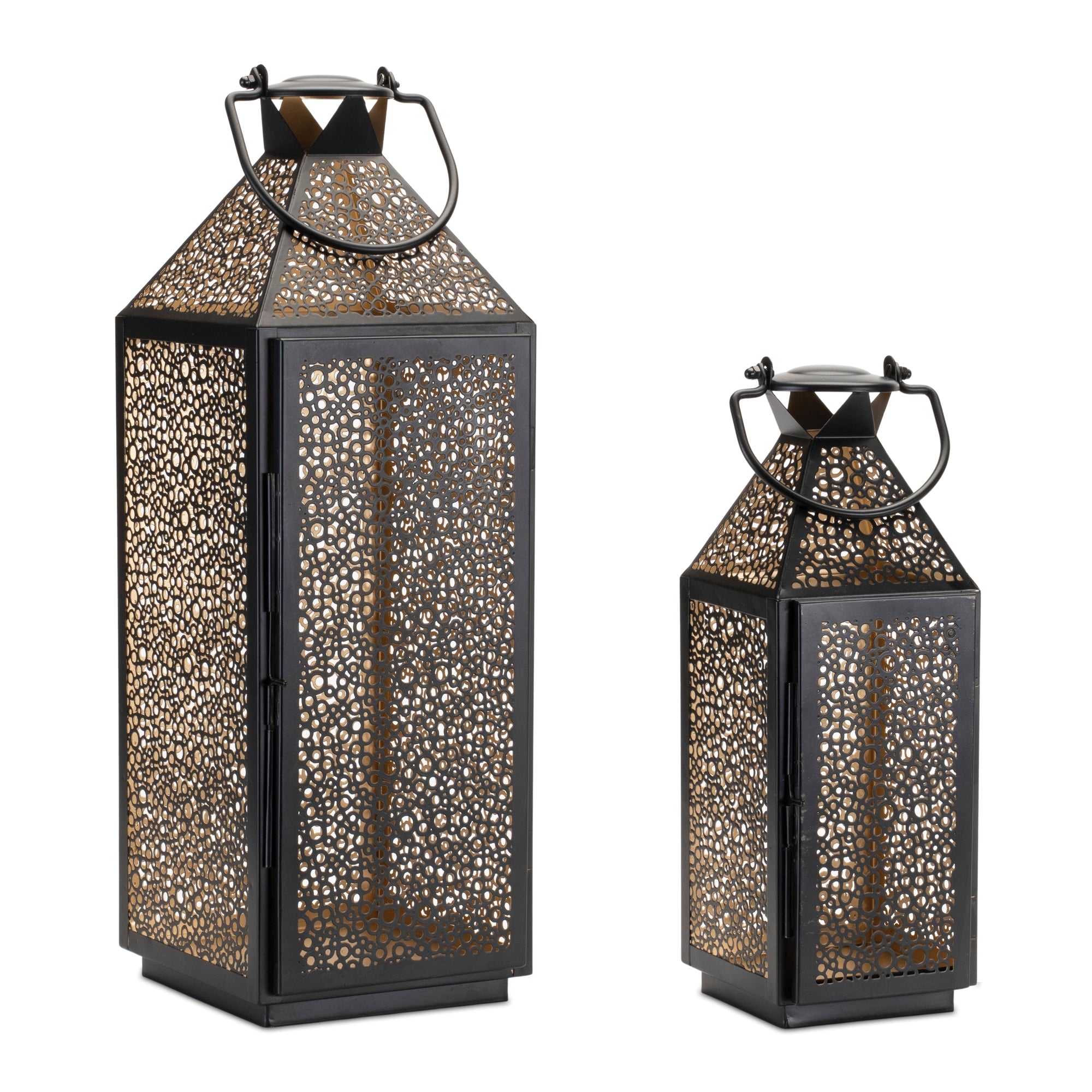 Circles Cut Metal Lantern with Gold Accent 12"H