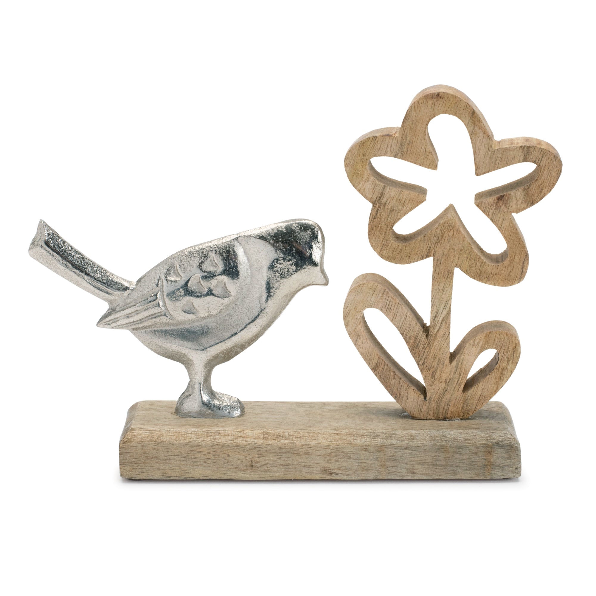 Metal Bird and Flower on Wood Base (Set of 2)