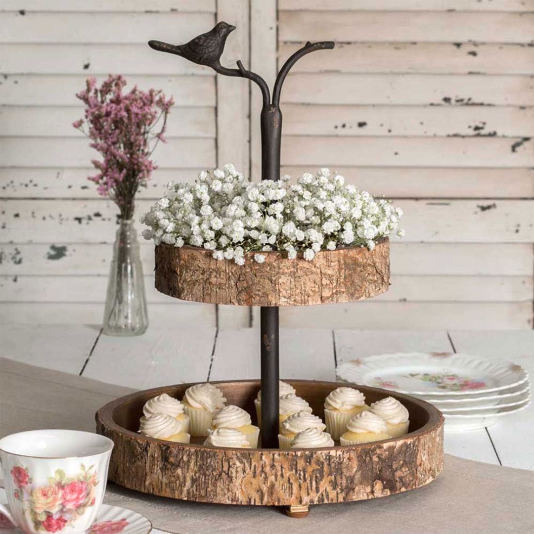 Birch 2-Tier Display Tray With Bird